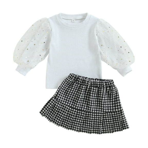Kids Girl Fall Outfits Sequins Stars Moon Mesh Puff Sleeve Rib Knit Tops Elastic Waist Pleated Plaid Skirts 2Pcs Clothes Set