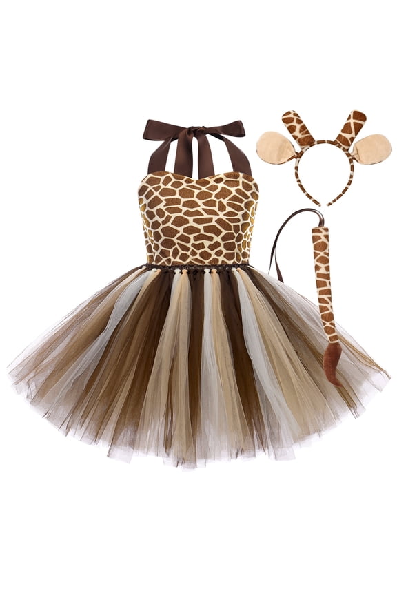 Kids Girl Giraffe Dress Toddler Halloween Cosplay Jungle Safari Animal Role Play Puffy Tutu Dress Ear Headband Tail Birthday Party Carnival Fancy Dress Up Performance Holiday Clothes 5-6 Years