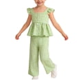 thumbnail image 1 of Kids Girl Green Gingham Outfit Ruffle Sleeve Peplum Top Wide Leg Pants Soft Comfortable Cotton Play Clothes Spring,Size 4-5 T, 1 of 7