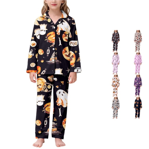 Kids Girl Halloween Pajamas Set 2Pcs Soft Silky Comfortabl Pjs Long Sleeve Button-Down Loungewear