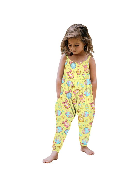 Kids Girl Jumpsuit Easter Outfit Sleeveless Harem Romper with Pockets Yellow Easter Egg Print,Size 4 T