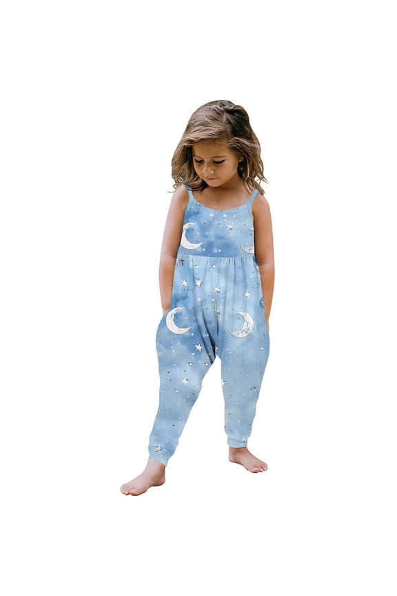 Kids Girl Jumpsuit Soft Stretchy Romper Star and Moon Print Spaghetti Strap Harem Jumpsuit for Play Summer Party Blue,Size 3 T