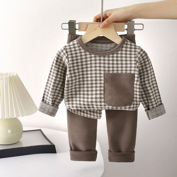 Kids Girl Khaki 2pc Cotton Outfit Set - 100% Soft Breathable Gingham Top & Solid Pants, Easy-On Daily Wear for Kidss 0-6 Years (80-150cm),Size 3-4T