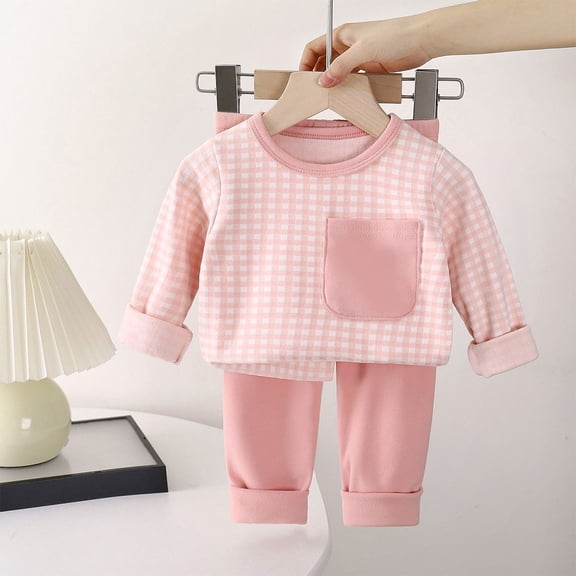 Kids Girl Kids Pink 2pc Outfit Set - Soft Breathable 100% Cotton Gingham Top & Solid Pants, Easy-On Daily Wear for 0-6 Years (80-150cm),Size 2-3T