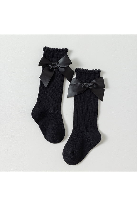 Kids Girl Knee High Socks with Satin Bow - Soft Cotton Kids Kids Dress Socks, Black (1 Pair),Size M