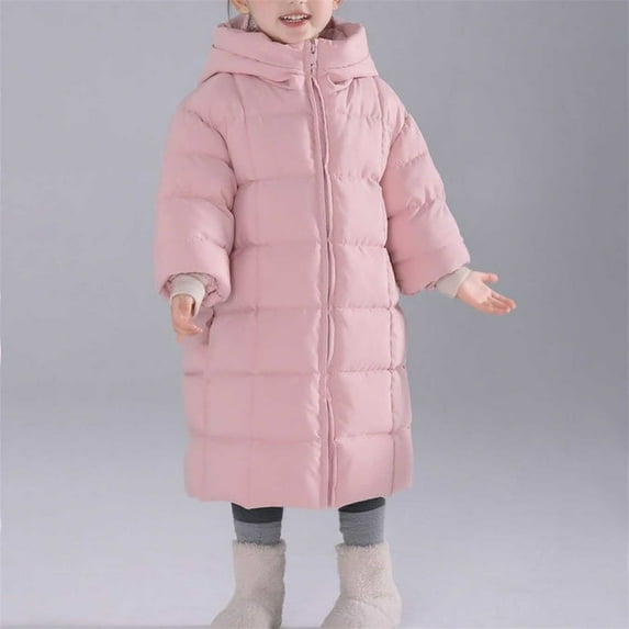 Kids Girl Long Hooded Jackets Fall Winter Puffer Squares Block Warm Jackets Coats Light Weight Padded Cotton Down Outerwear Parka