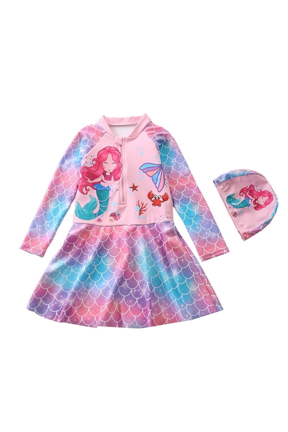 Kids Girl Long Sleeve Swimsuit UPF 50+ Sun Protection with Zipper Rash Guard One-Piece Bathing Suit with Hat