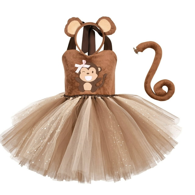Kids Girl Monkey Costume Toddler Halloween Cosplay Jungle Safari Woodland Animal Role Play Puffy