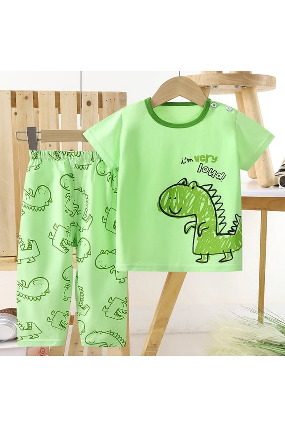 Kids Girl Outfit Fun Cartoon Pattern Short Sleeve Top and Casual Short Two Piece Set for Unisex Toddler Kids Warm Season Backyard Play and Outing Wear Green 100