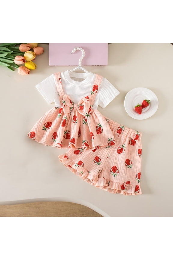 Kids Girl Outfit Set 2 Piece Strawberry Print Ruffle Romper Summer Kids Clothes Pink,Size 3-4 T