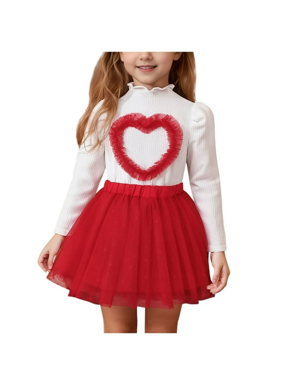 Kids Girl Outfit Set: Red 2 Piece Heart Top & Tutu Skirt for Kids Girls, Valentine's Day Party Dress & Play Clothes 9M-5T,Size 18-24 M