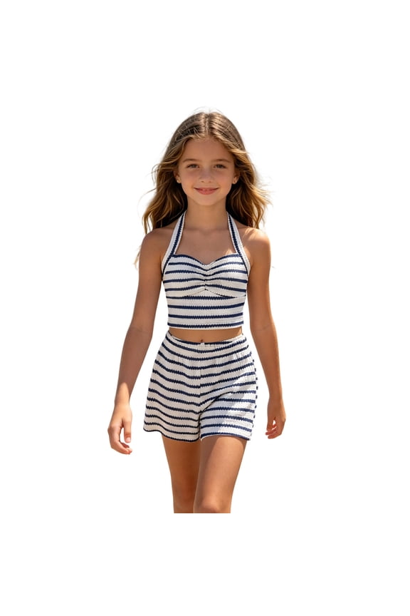 Kids Girl Outfits Girls Casual Summer Two Piece Playwear Striped Halter Neck Sleeveless Crop Top with High Waist Shorts Vacation Style White 11 Years