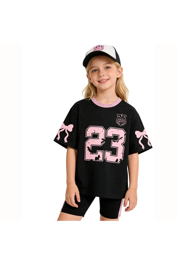 Kids Girl Outfits Unique Digital Pattern T Shirt and Casual Short Two Piece Combo Set for Kids Girls Designed for Backyard Play and Casual Outdoor Outings Black 10Y