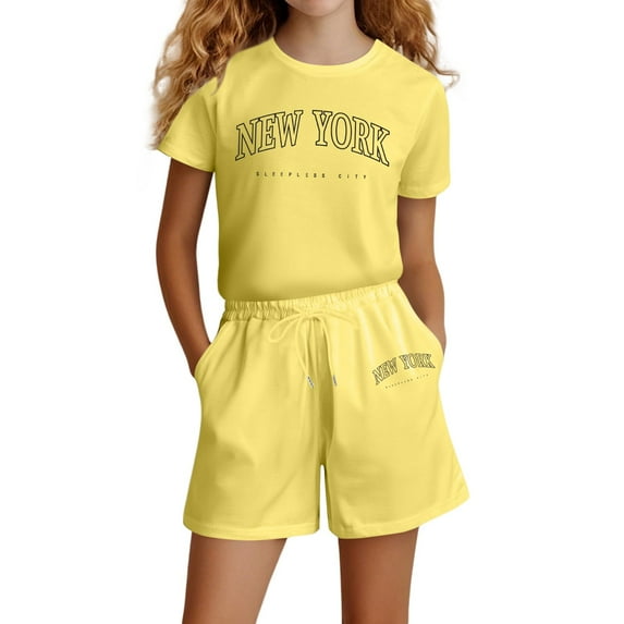 Kids Girl Pajamas Set Graphic Letter Print Short Sleeve Crewneck Soft Comfort Top and Shorts Set Sleepwear Loungewear Set Kids Boy Clothes 9-10 Years