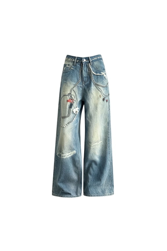 Kids Girl Pants Girls Classic Denim Wide Leg Jeans with Chain Digital Print for Youth Fashion Casual Pants for Tween Girls Blue 12 Years-13 Years