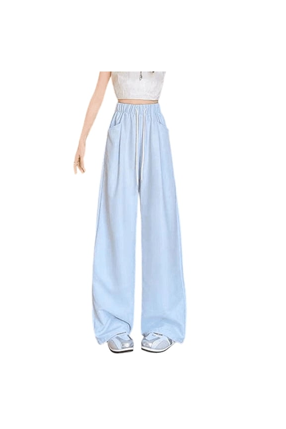 Kids Girl Pants Youth Girls High Waist Wide Leg Pants Solid Drawstring Elastic Waist Loose Fit Slim Drape Casual Trousers Summer Blue 5 Years-6 Years