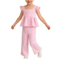 thumbnail image 1 of Kids Girl Pink Gingham Outfit Kids Clothes 2 Piece Set Ruffle Sleeve Peplum Top Wide Leg Pants Soft Cotton Spring Easter,Size 3-4 T, 1 of 7