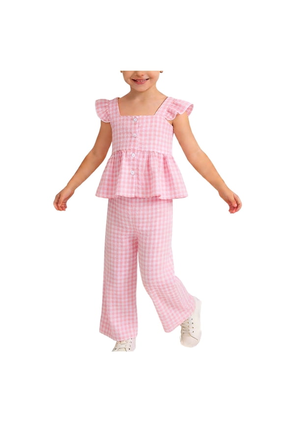 Kids Girl Pink Gingham Outfit Kids Clothes 2 Piece Set Ruffle Sleeve Peplum Top Wide Leg Pants Soft Cotton Spring Easter,Size 4-5 T