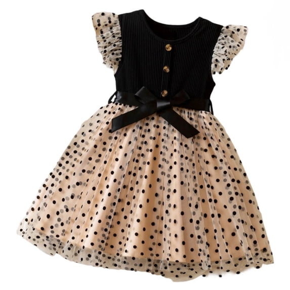 Kids Girl Polka Dot Tulle Dress Ruffle Sleeve Bow Waist Button Front Ribbed Bodice Party Birthday Black Sizes 9-12M-5T,Size 9-12 Months