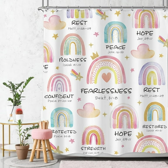 Kids Girl Rainbow Shower Curtain Bible Verse Scripture Boho Inspirational Quote Christian Cute Cartoon Colorful Muted Cloud Bathroom Set 72Wx72L Inch Bath Curtain Bathtub Accessories Home Decor