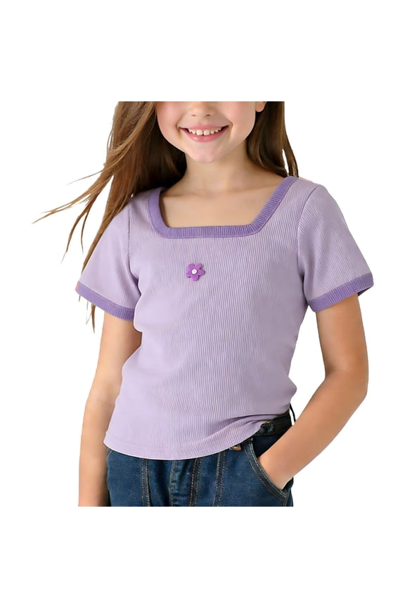Kids Girl Retro Square Neck Ribbed Knit Top 3D Flower Appliqué Purple Casual Summer Shirt,Size 1-2T