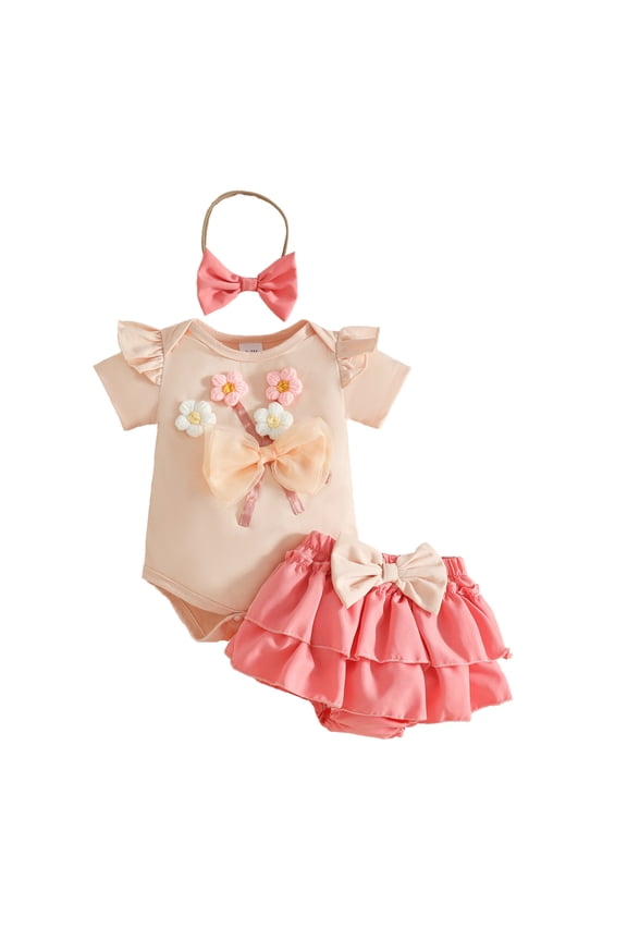 Kids Girl Romper and Bloomer Set 3D Floral Tulle Bow Soft Cotton Snap Closure Newborn Photo Shoot Outfit Kids Summer Clothes with Headband Pink,Size 0-3 Months