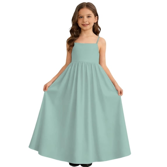 Kids Girl'S Backless Casual Spaghetti Strap Beach Maxi Dress Loose Flowy Sun Dress Teen Clothes