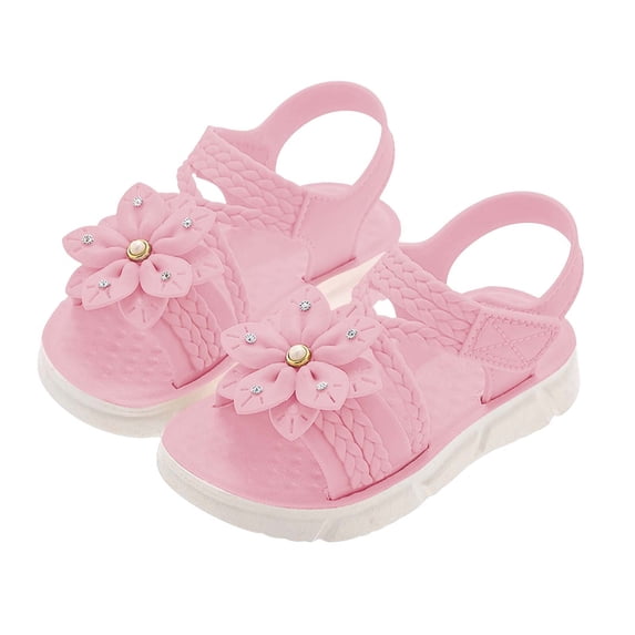 Kids Girl Sandals Cute Flower Rhinestone Adjustable Hook and Loop Strap Non-Slip Outsole Summer Beach Party Pink,Size 1.5