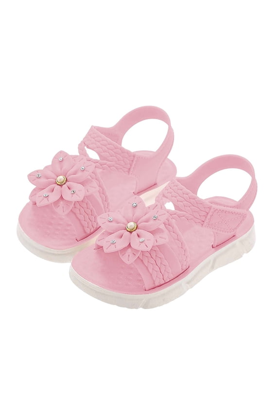 Kids Girl Sandals Cute Flower Rhinestone Adjustable Hook and Loop Strap Non-Slip Outsole Summer Beach Party Pink,Size 8.5