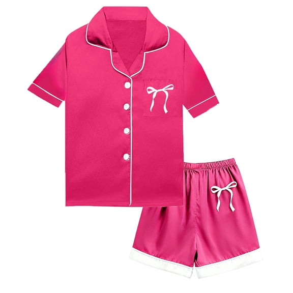 Kids Girl Satin Pajamas Set Bow Print Short Sleeve Button Down Loungewear with Shorts Set Pjs Sleepwear Outfits 4-5 years Pajamas Boy