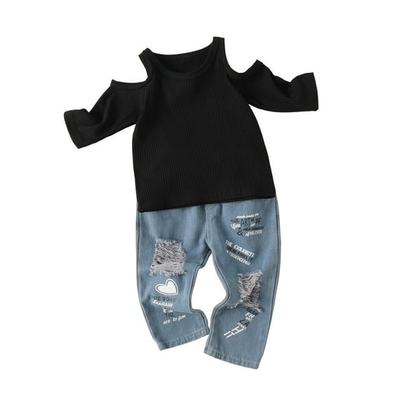 Kids Girl Short Sleeve Tops + Denim Trousers, Letter Heart Printed Brushed Trim Summer Clothing