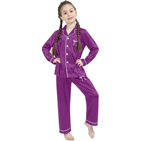 Kids Girl Silk Pajamas Set Bow Print Long Sleeve Button Down Nightwear with Pants Set Girls Casual Pajamas Set Girls Silk Pajamas Size 7-8 Years