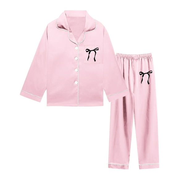 Kids Girl Silk Pajamas Set Bowknot Print Long Sleeve Button Down Loungewear with Pants Set Silk Pajamas Outfits 11-12 Years Pajamas Girls