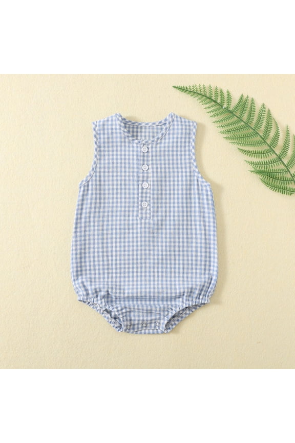 Kids Girl Sky Blue Gingham Romper Sleeveless Outfit, Snap Front Kids Kids Clothes 0-24M for Easy Diaper Change & Summer,Size 3M
