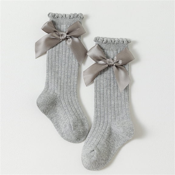 Kids Girl Socks Knee High with Ruffle and Bow - Gray Soft Cotton Dress Socks for Kids & Kids 0-4 Years, Special Occasion,Size M