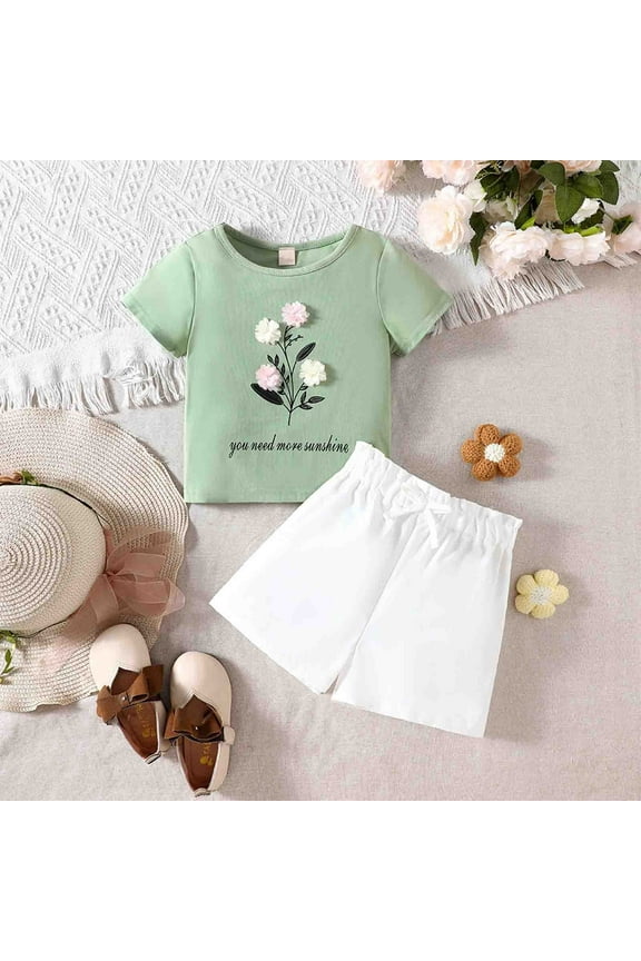 Kids Girl Summer Clothes Fashion Short Sleeve T-Shirt Tops + Shorts Girl 2 Piece Outfits 5-6 Years Girl Clothing Cute Girl Clothing