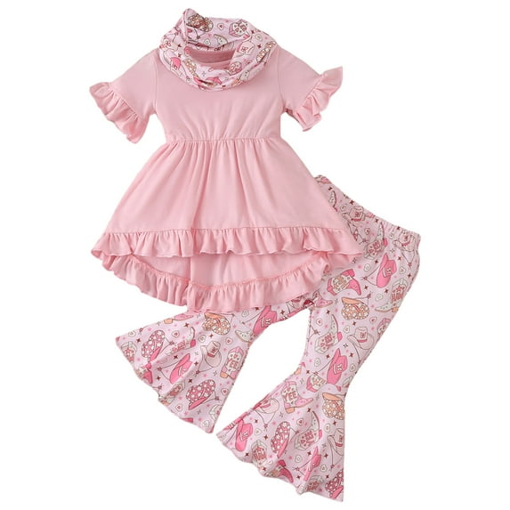 Kids Girl Summer Outfit Solid Color Ruffles Short Sleeve Dress Tops Boots Hat Print Flare Pants Neckerchief 3Pcs Clothes Set