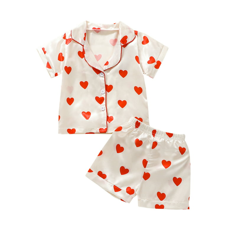 Kids Girl Summer Silk Pajamas Heart Print Turn-Down Collar Short