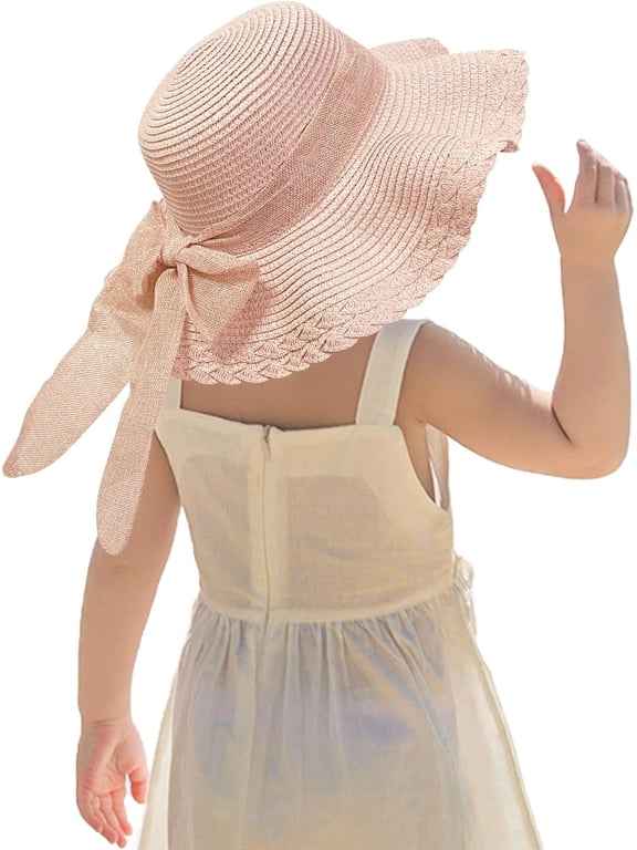 Kids Girl Summer Straw Hat Foldable Wide Brim Cap Sun Visor Hats Sun Protection Beach Hats Bowknot Floppy Cap