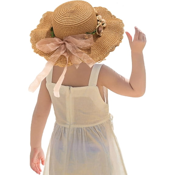 Kids Girl Summer Straw Hat Foldable Wide Brim Cap Sun Visor Hats Sun Protection Beach Hats Bowknot Floppy Cap