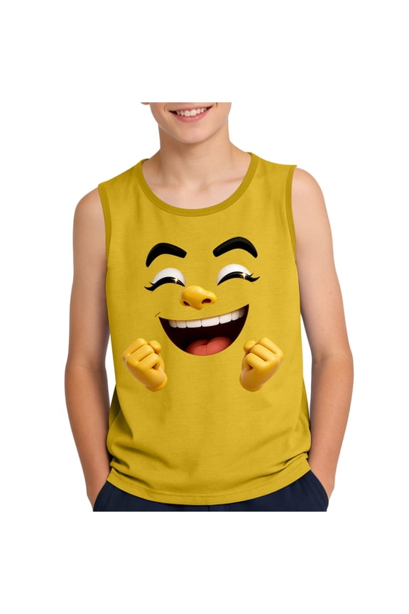 Kids Boy Summer Tank Top 3D Cartoon Excited Face Print Sleeveless Crew Neck Soft Comfortable Shirts for Little Kids Youth Yellow,Size 3 T
