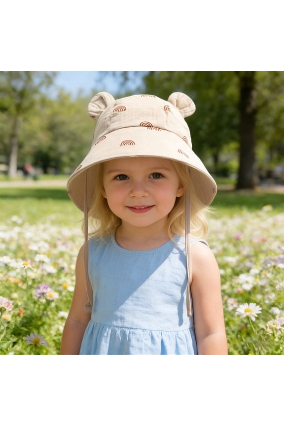 Kids Girl Sun Hat, Khaki Bucket Hat with Bear Ears for Kidss, UPF 50+ Kids Summer Beach Cap,Size 1 T