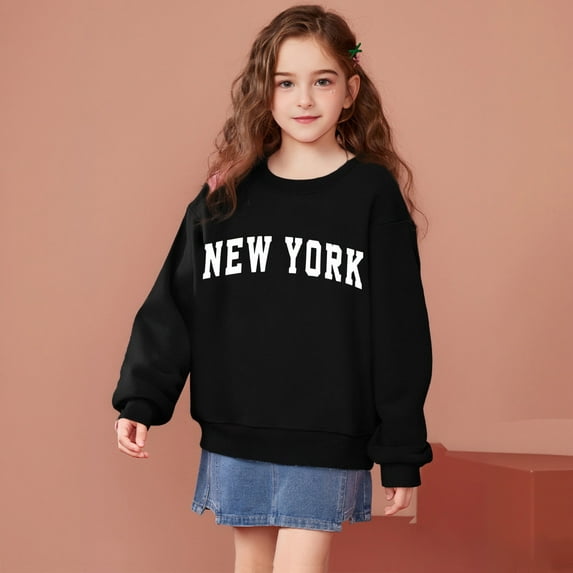 Kids Girl Sweatshirts Long Sleeve New York City Letter Print Sweatshirt Kids Crewneck Pullover Tops Fall Clothes Girls Toddler Clothes 9-10 Years Kids Clothes