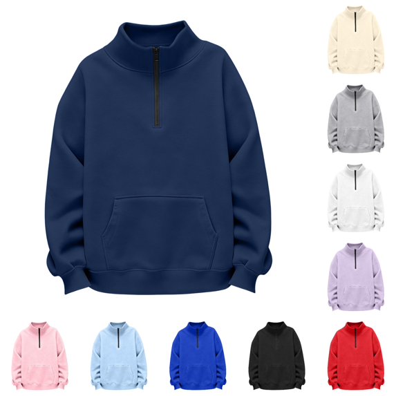 Kids Girl Sweatshirts Long Sleeve Shirts Navy Round Neck Quarter Zipper Fall Outfit Sweatshirt For Girls 5-14 Years