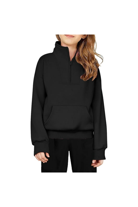 Kids Girl Sweatshirts Long Sleeve Zipper Black Sweatshirt Kids Crewneck Loose Fit Pullover Tops Fall Winter Clothes Size 7-8 Years Boys Clothes