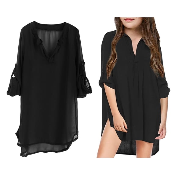 Kids Girl Swim Cover Up V Neck Long Sleeve Chiffon Shirt Quick Dry Swim Dress Cover Up 8-9 Years