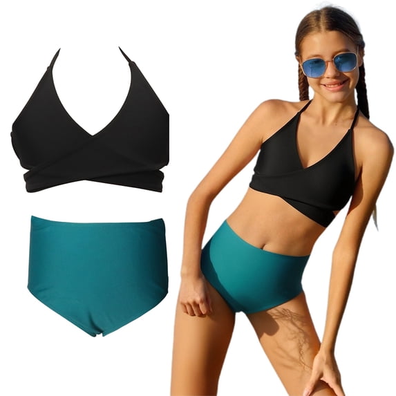 Kids Girl Swimsuits Backless Halter 2 Piece Girls Swim Suits with Chest Pad Girl Bathing Suits Size 3-4 Years
