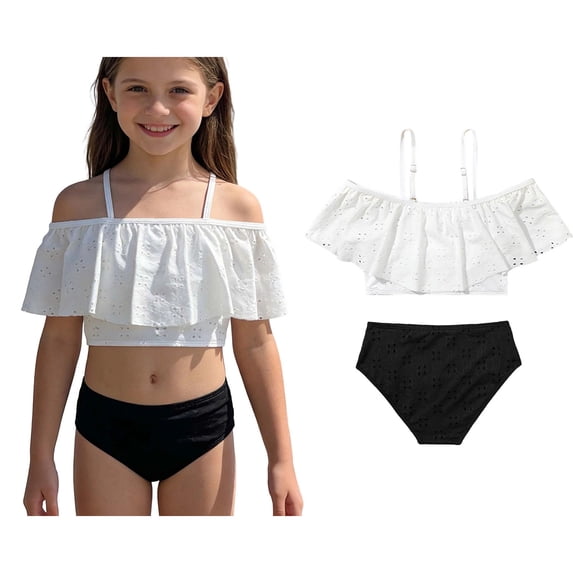 Kids Girl Swimsuits Two Piece Ruffled Swimwear Sets with Chest Pad Bathing Suits for Kids 9-10 Years
