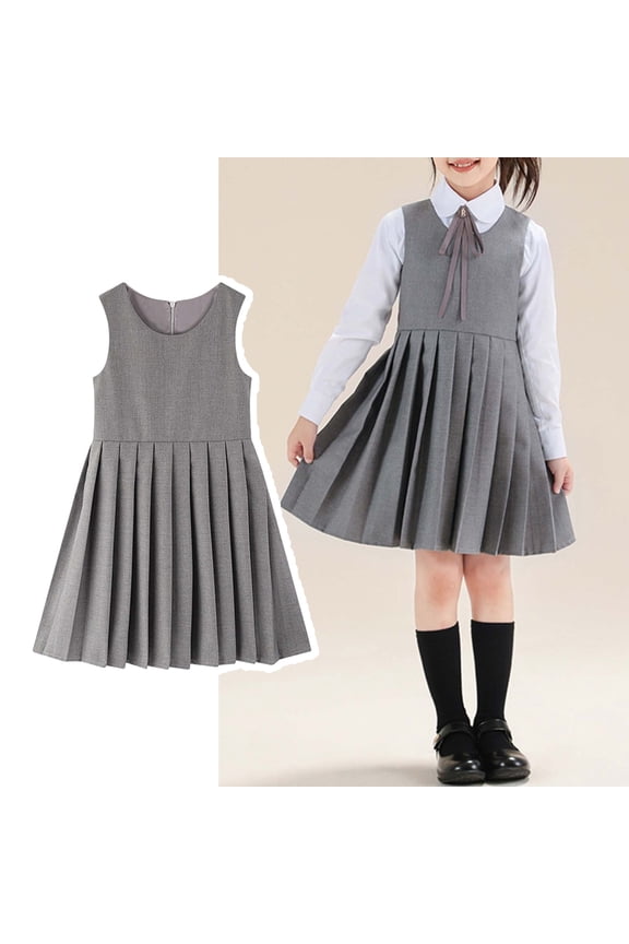 Kids Girl Uniform Dress Pleated Knee Length Sleeveless Grey Girls Dress Back To School Clothes Kids School Uniform for Girls 9-10 Years