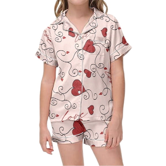 Kids Girl Valentine's Day Pajamas Set Button Down Sleep Shirt Top Long Pants Matching 2Pcs Pj Lounge Sets Girls Silk Pajamas Beige 3 Y-4 Y